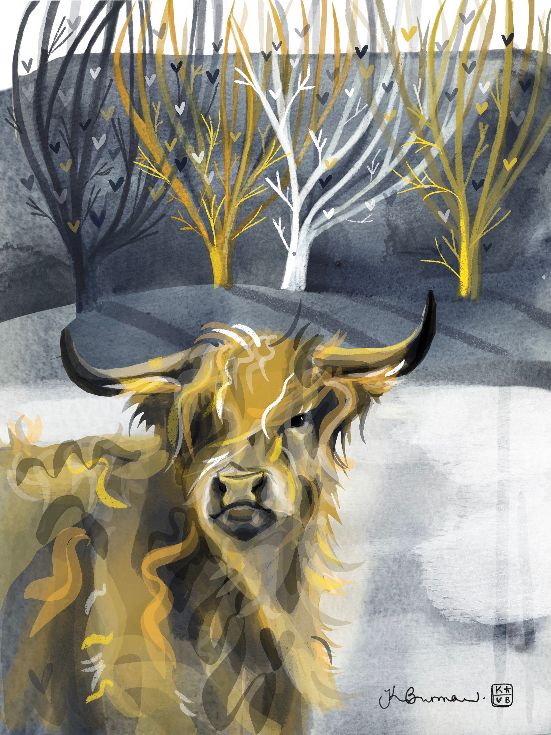 Highland Heifer: Highland cow in a snowy wood, illustration by Katie Burman