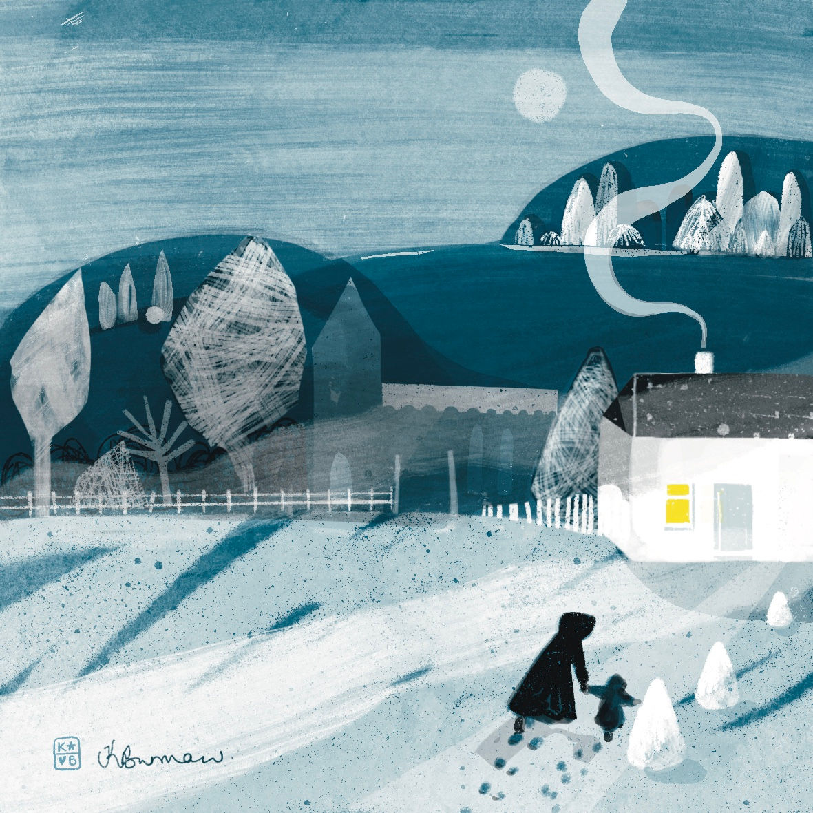 Heading Home: figure and dog walking through snow towards a lit cottage, illustration by Katie Burman