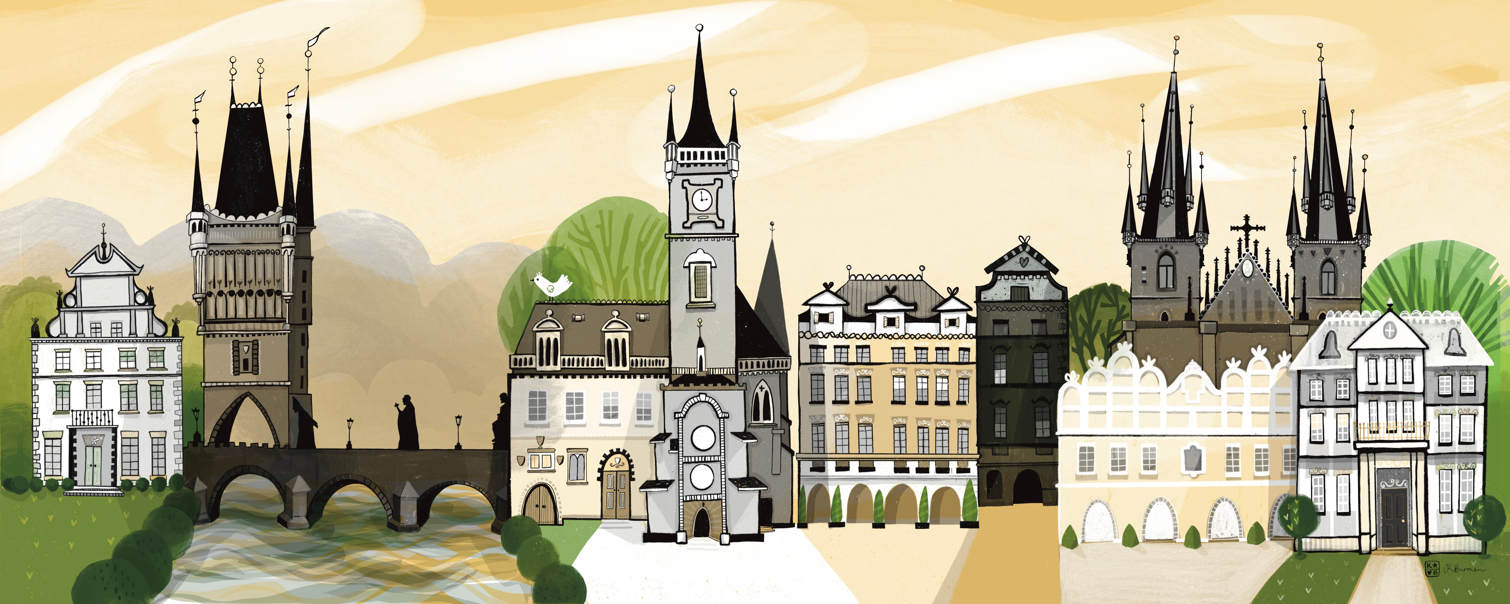 Prague skyline illustration by Katie Burman: Charles Bridge, Old Town Bridge Tower, Astronomical Clock and Týn Church