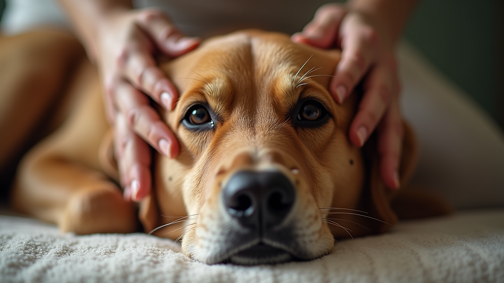 Close-up view of a dog receiving energy healing treatment