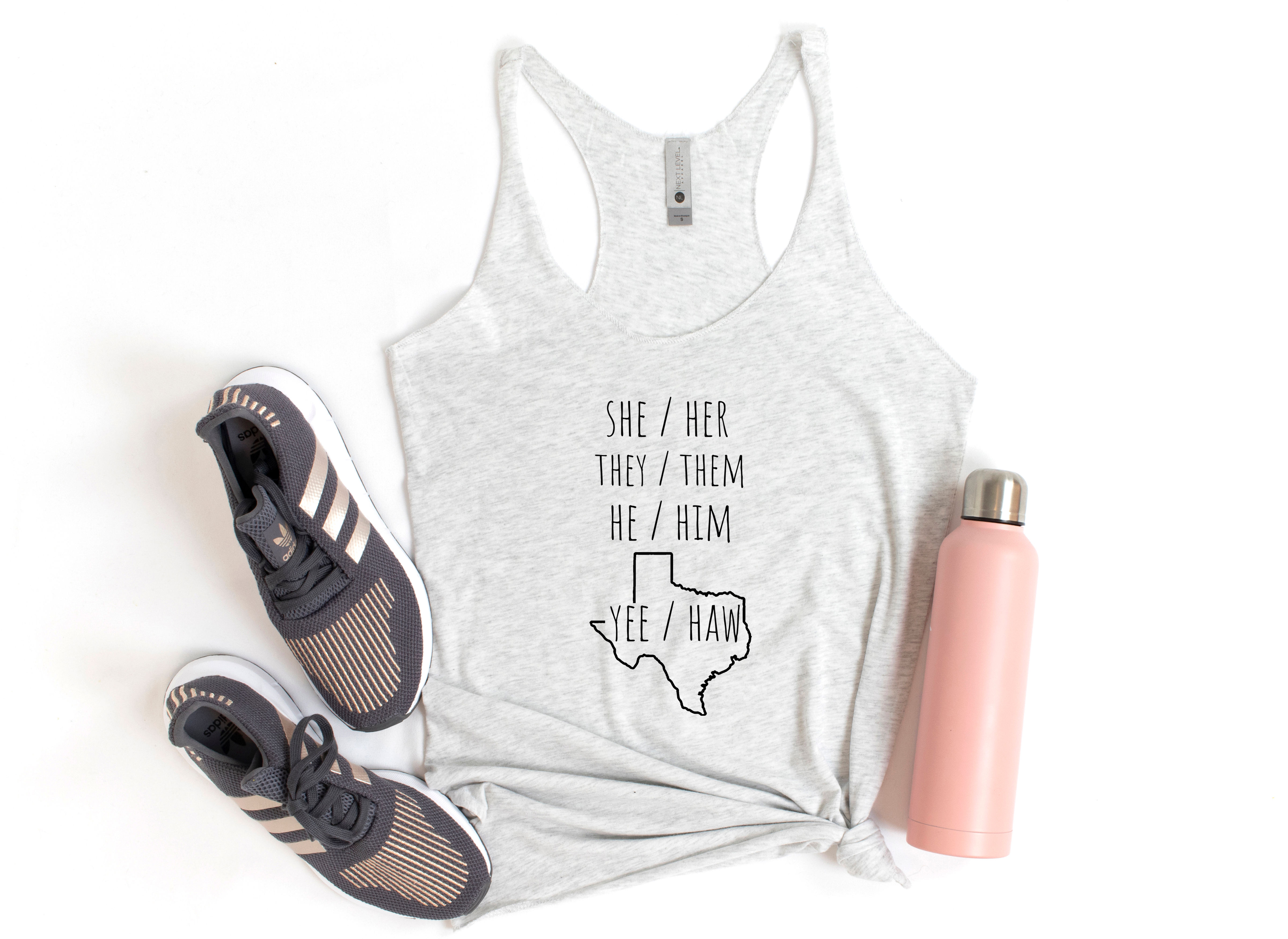 Texas Pronouns - Heather White Tank Top L - *SALE* Ready to Ship