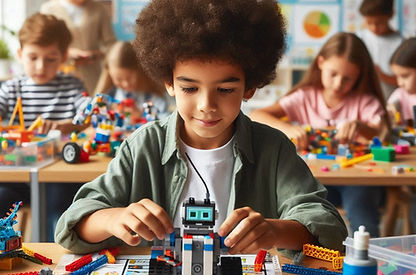 create an image of kid 8 y.o. creating robot from the lego WeDo 2 in classroom.jpeg