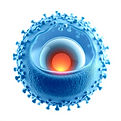 3D medical illustration of a single lipid nanoparticle with a glowing inner core merging w