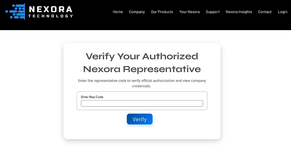 Input field (code entry form): Verification input field for Nexora representative code