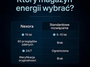 Tabela porównawcza przedstawiająca cechy standardowych systemów i rozwiązania Nexora, które wyznacza nowy standard jako najlepszy magazyn energii.