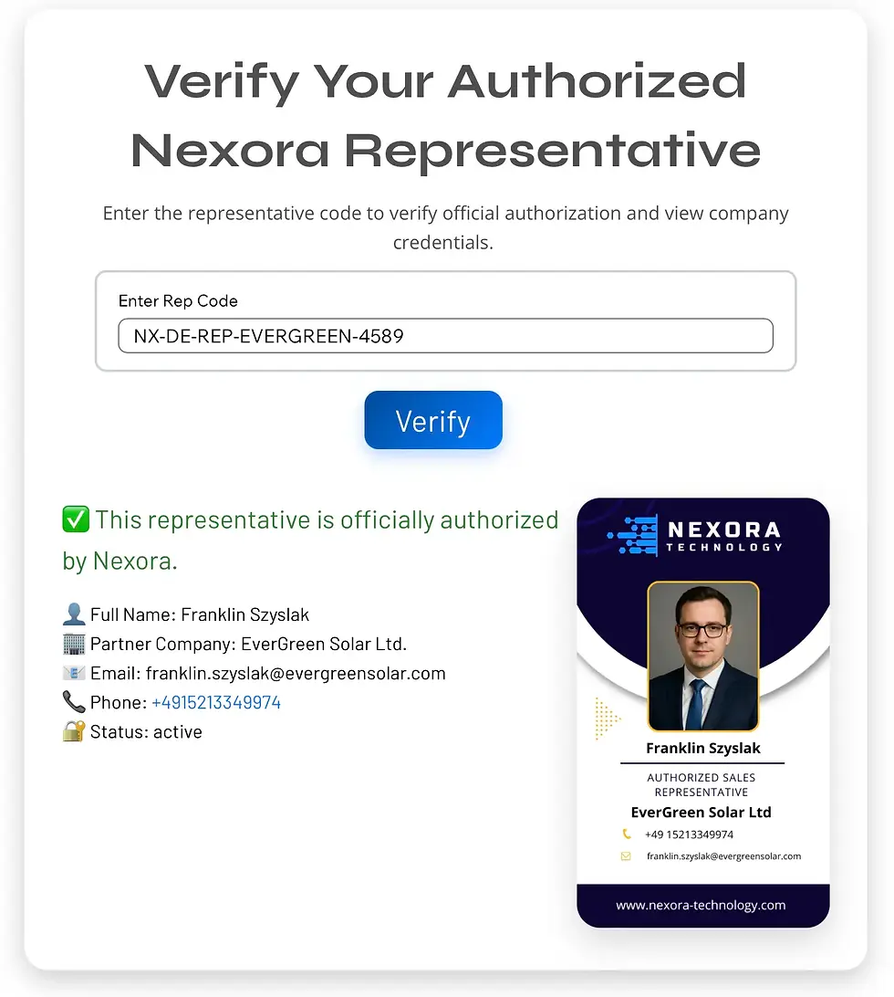 Search result screen (verification result): Verified Nexora representative showing name, photo, partner company, and active status