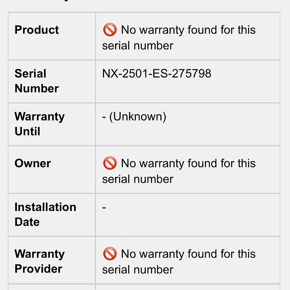 Warranty status for serial number NX-2501-ES-275798 showing no warranty found. No owner, installation, or warranty provider information is associated with this serial number.