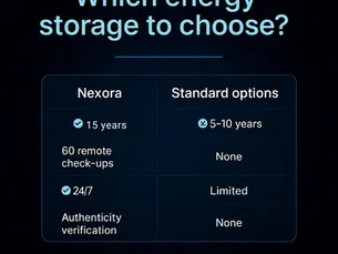 Comparison chart highlighting the differences between Nexora and standard energy storage systems, including warranty length, remote check-ups, support quality, and partner verification.