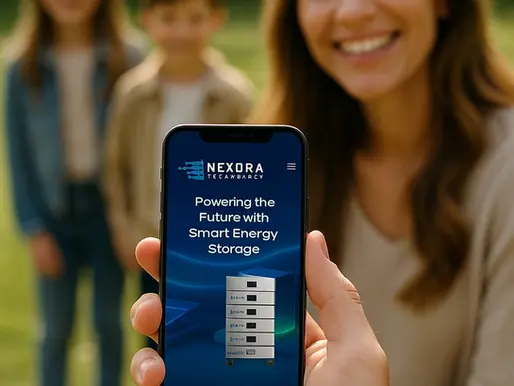 Hand holding a smartphone displaying the Nexora Technology warranty check page with the slogan “Powering the Future with Smart Energy Storage” – verifying serial numbers of energy storage products.