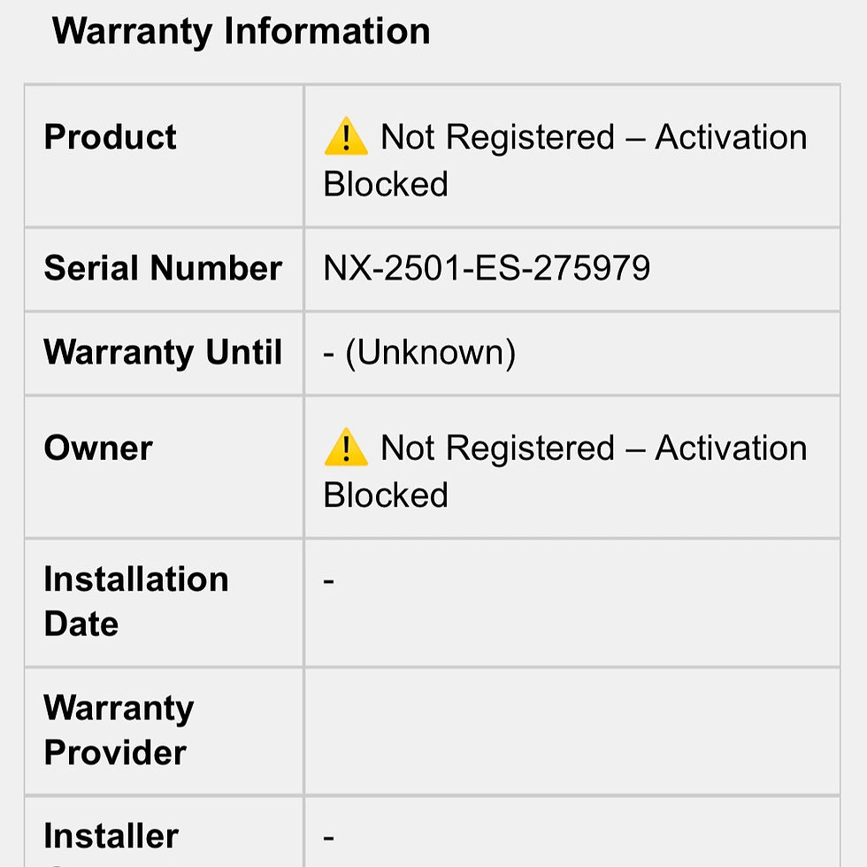 Warranty record for serial number NX-2503-ES-594145 showing verified ownership and readiness for activation. Warranty provider is Nexora Technology, and installer contact details are listed. Warranty end date and installation date are unknown.