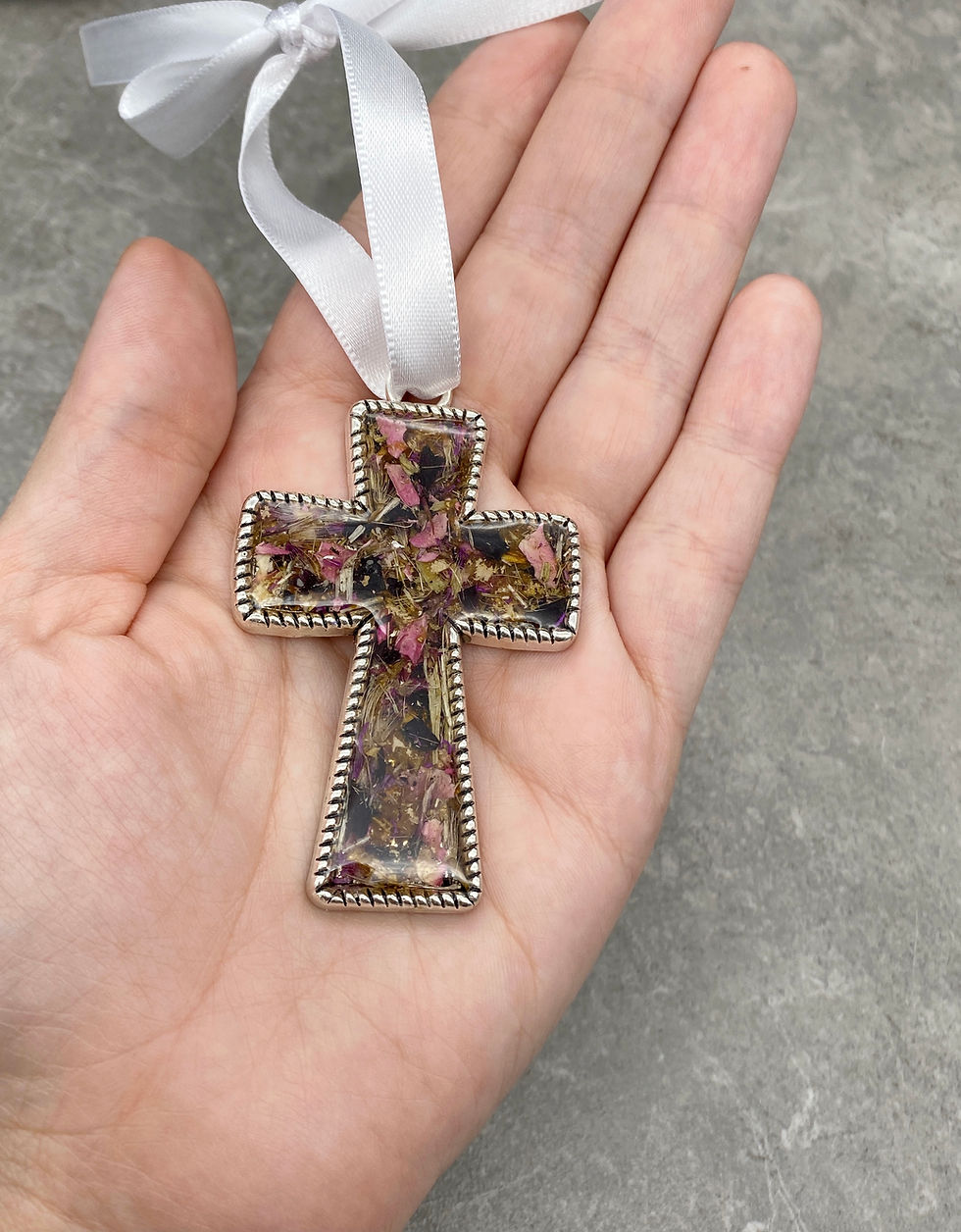 Thumbnail: Flower Memorial Cross Keychain/Ornament - Silver