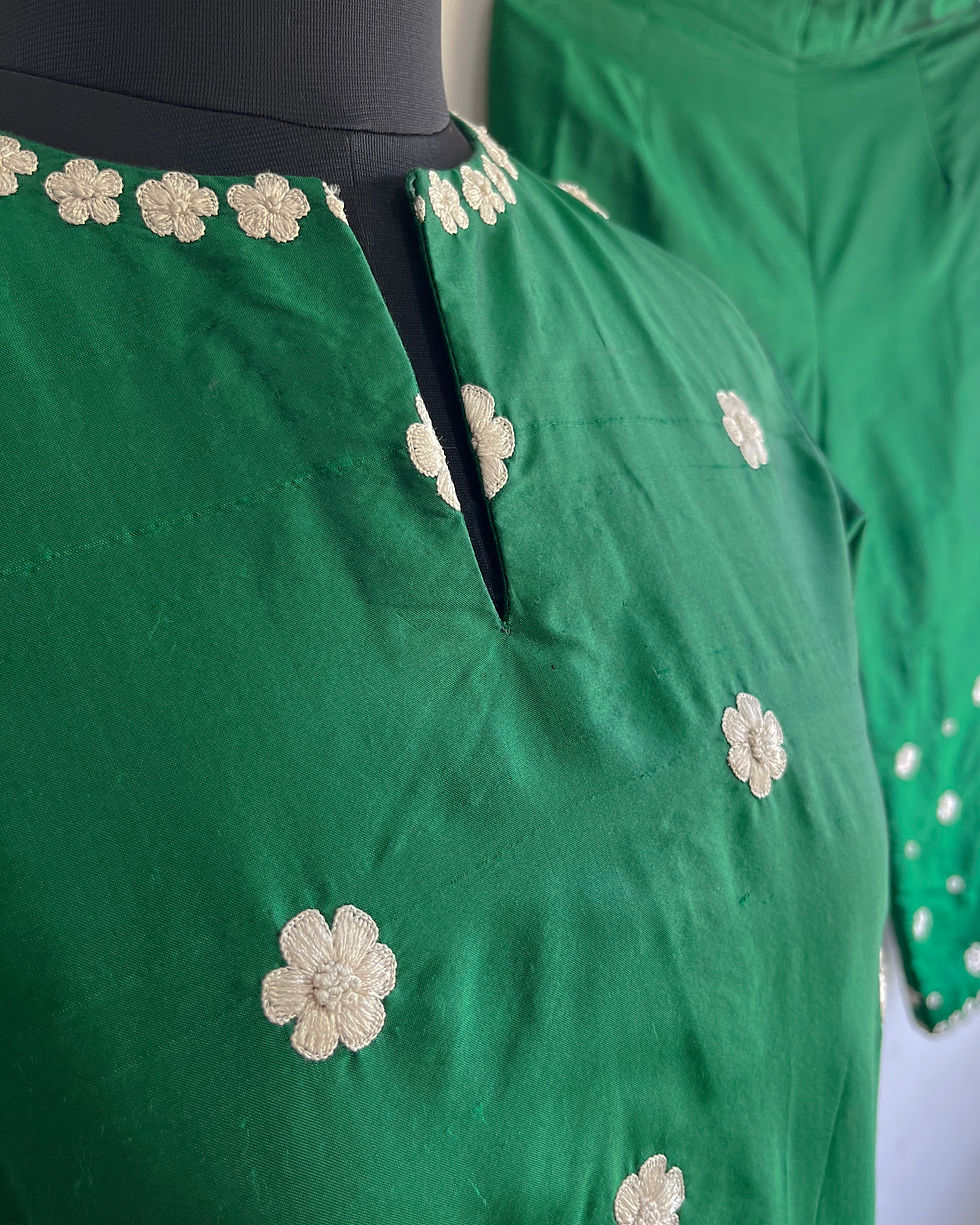 Thumbnail: Emerald Bloom Hand-Embroidered Silk Kurta Set