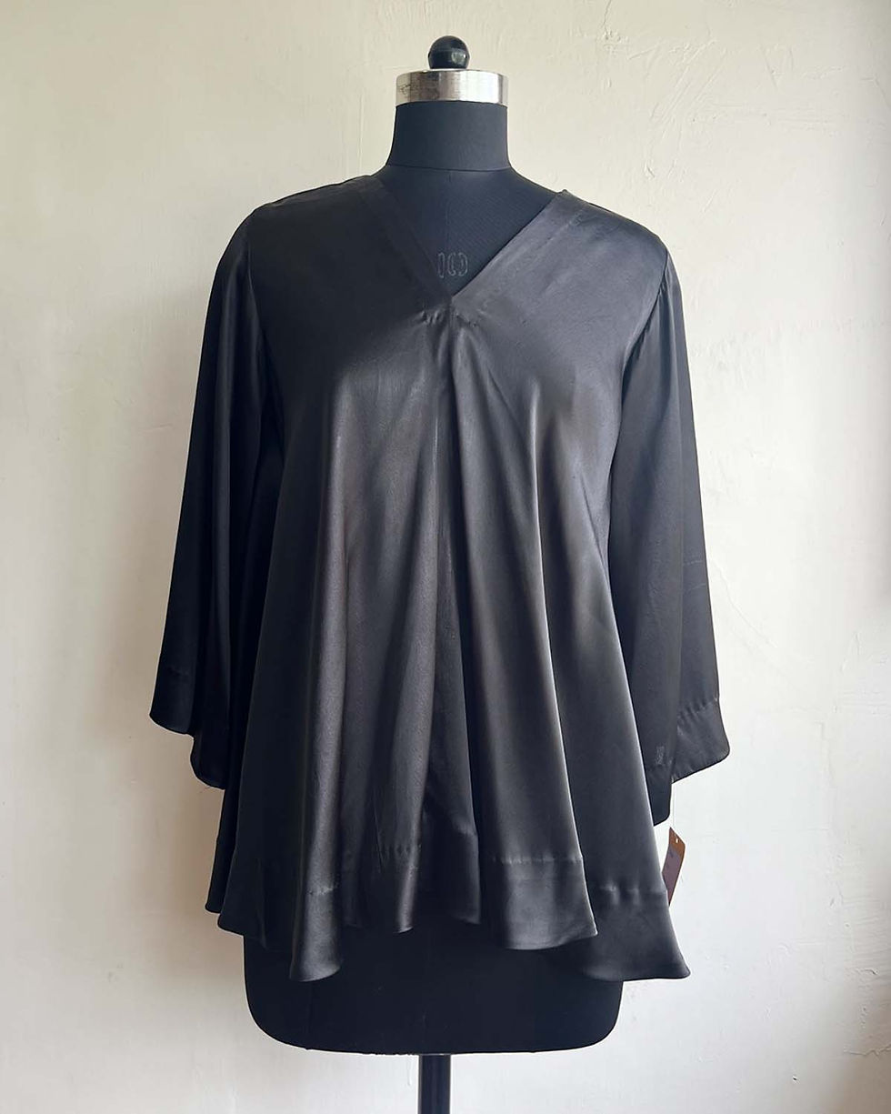 Black Satin Flared V-Neck Top