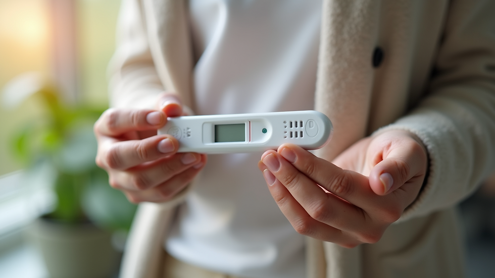 Close-up view of a person holding a digestive health test kit