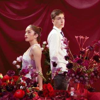 A dramatic composition of a couple standing back-to-back, surrounded by rich burgundy floral arrangements and a lush crimson backdrop. The visual captures the elegance and individuality within a shared connection.
