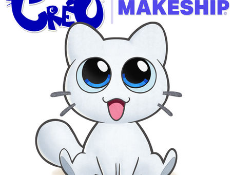 Creu the white cat sitting and shaped like a plush doll