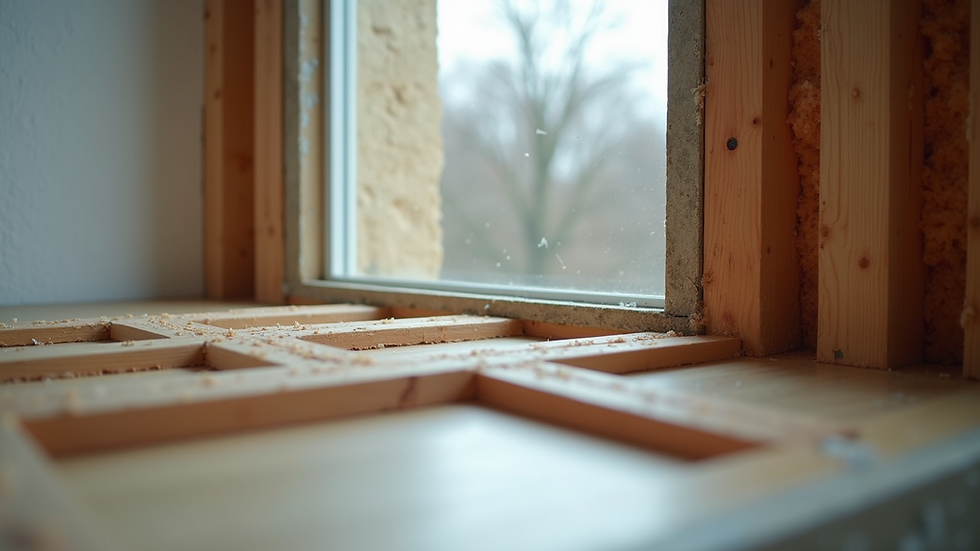 Eye-level view of window frame with visible insulation layers