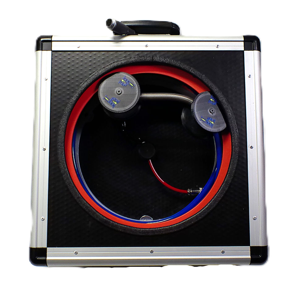 Device with blue and red circle inside a black box on white background