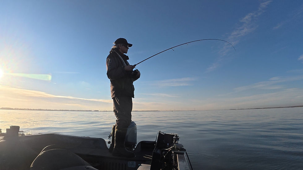 Visgids op groot water tijdens een vroege sessie, geconcentreerd vissend met gebogen hengel