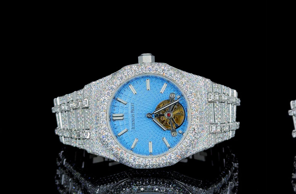 Brand New Moissanite VVS1 Diamond Bust Down Audemars Piguet Blue Dial Watch