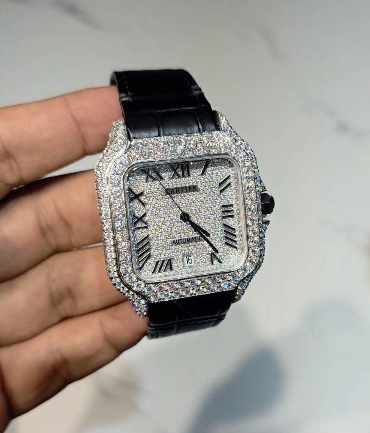 New Cartier Moissanite VVS1 Diamond Bust Down Watch Alligator Strap