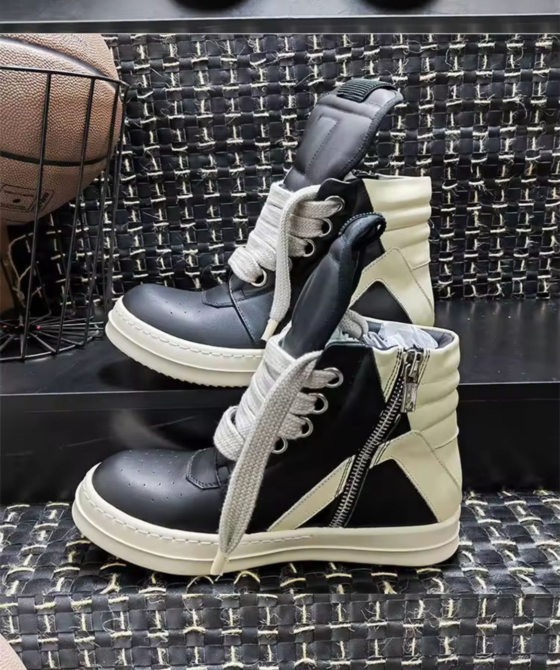 New Rick Owens Jumbo Lace Geo Basket High Top Sneaker Milk