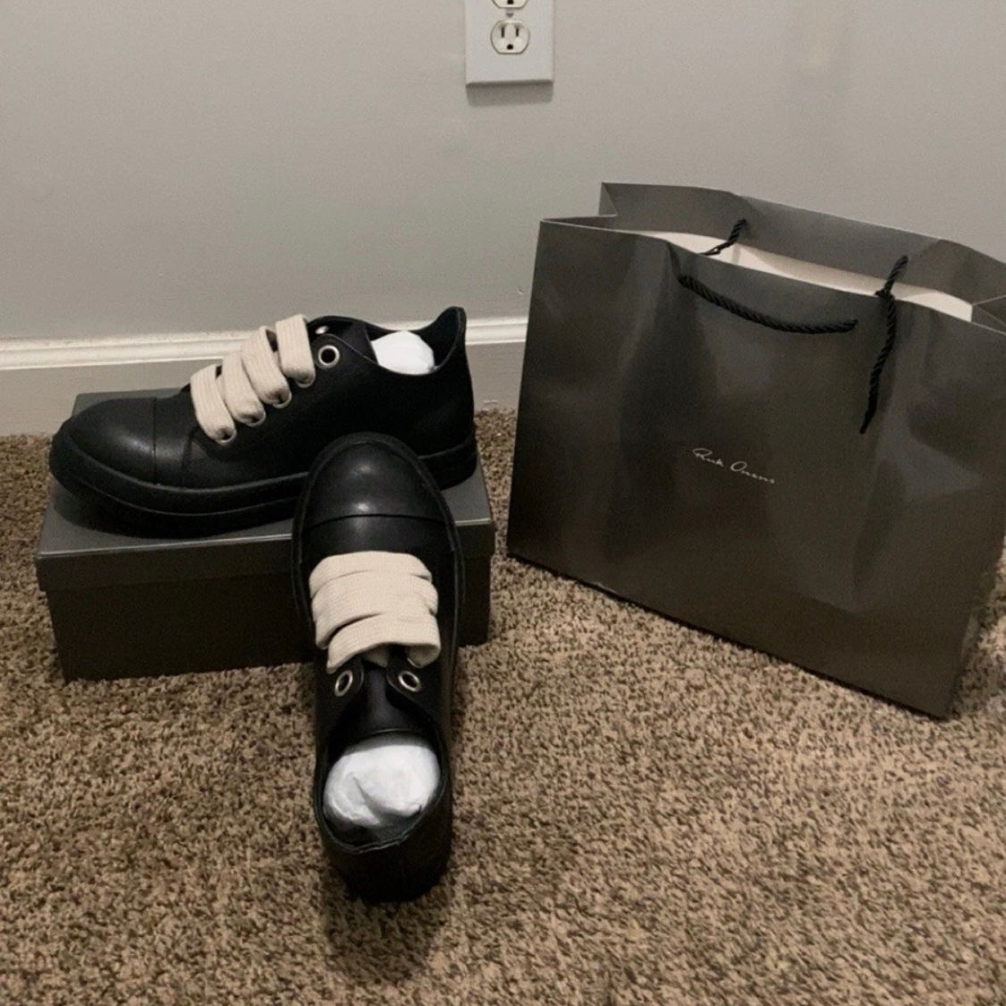 New Rick Owens Porterville Jumbo Lace Low Top Sneaker Black On Black Leather