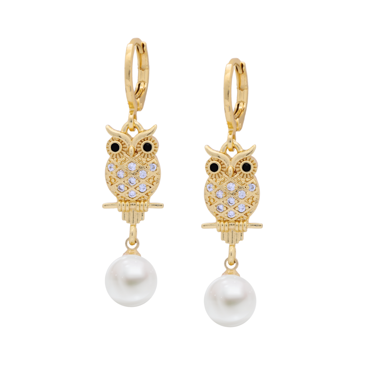 Aretes búho y perla | Oro 24K Laminado | S-7193