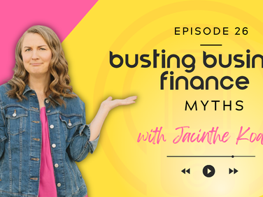 Woman in denim shrugging against a pink-yellow background. Text: Episode 26, Busting Business Finance Myths with Jacinthe Koddo. Play icons below.