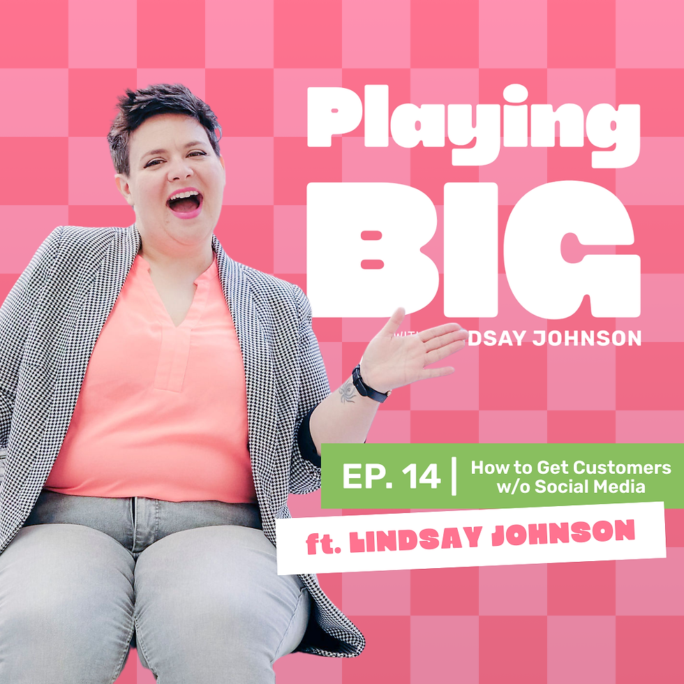 Person smiling energetically, wearing a checkered blazer and pink shirt. Text: "Playing Big, Ep. 14, ft. Lindsay Johnson." Pink checkered background.