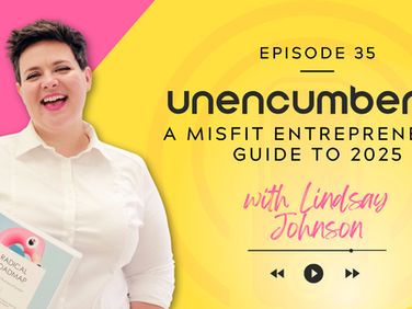 Smiling person in a white shirt holding a planner with a flamingo. Pink and yellow background. Text: Episode 35, unencumbered, with Lindsay Johnson.