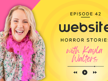 Smiling person with pink boa on a yellow and pink background. Text reads "Episode 42, Website Horror Stories, with Kayla Walters."