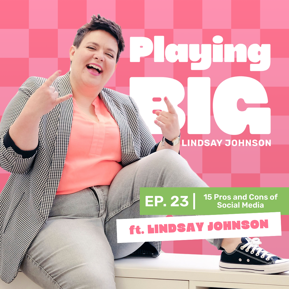 Smiling person in a blazer and jeans makes a hand gesture, seated against a pink checkered backdrop with "Playing Big" text. Episode 23.