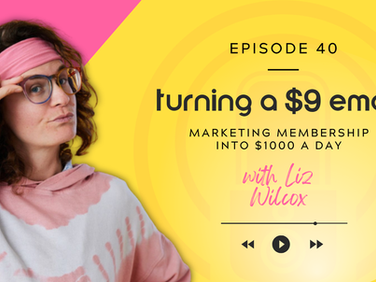 Woman in pink headband, glasses, tie-dye hoodie, gestures confidently. Text: "Episode 40, turning a $9 email, marketing membership into $1000 a day, with Liz Wilcox" on yellow and pink background.