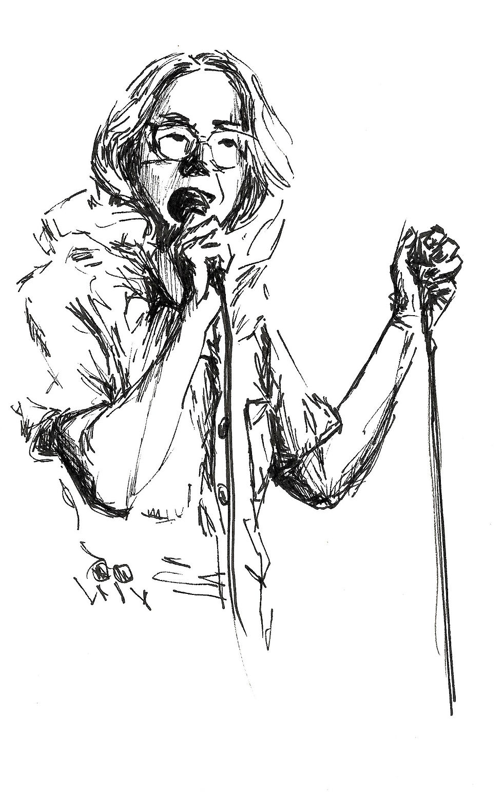 a drawing of comedian sitting on stool