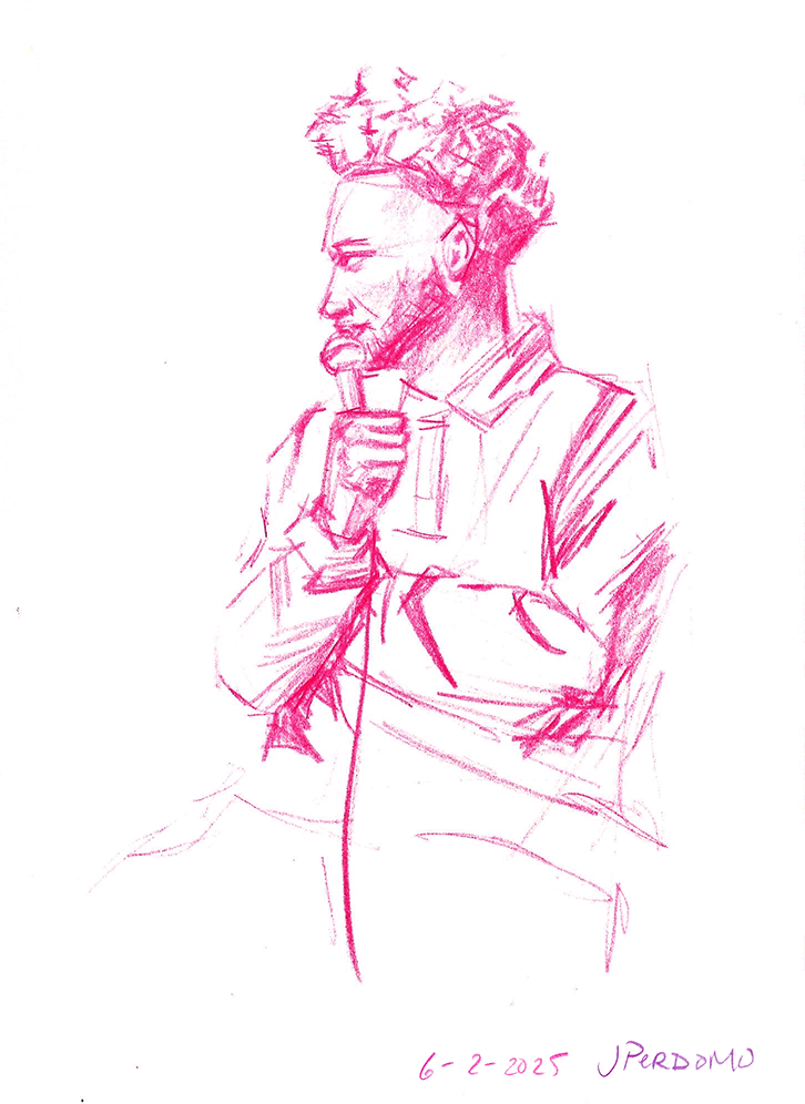 drawing of comedian holding mic