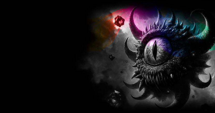 One-eyed monster with tentacles, floating with particles in the air