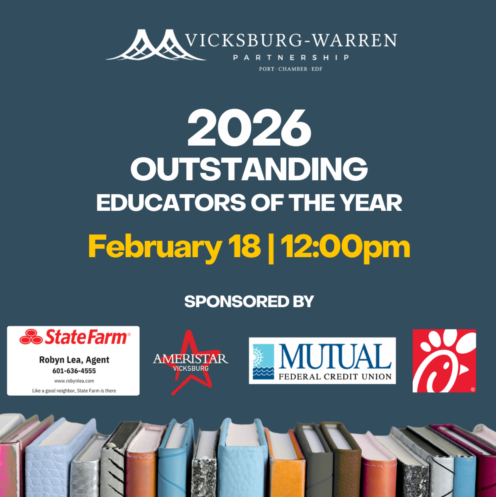 Flyer for the Vicksburg Warren Chamber of Commerce Educator of the Year Luncheon! Lunch starts at 12:00pm and you can reach Kimberly Hilman at 601-636-1012 to purchase tickets.