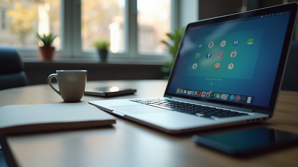 Eye-level view of a modern workspace with a laptop and social media icons