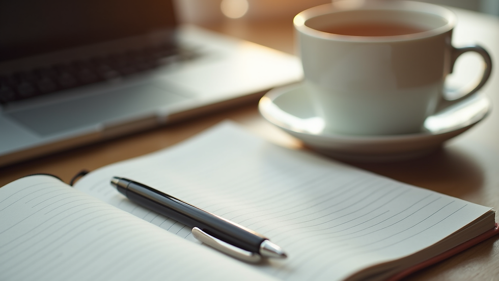 Close-up view of a calm workspace with a notebook, pen, and a cup of tea