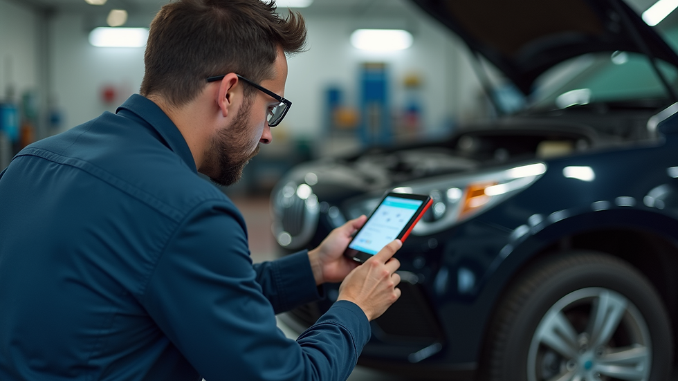 Eye-level view of a professional mechanic using a diagnostic scanner on a vehicle