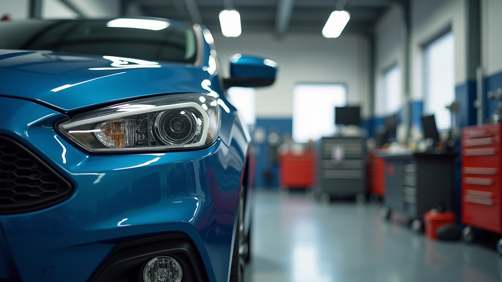 Close-up view of a car repair shop’s clean and organized workspace