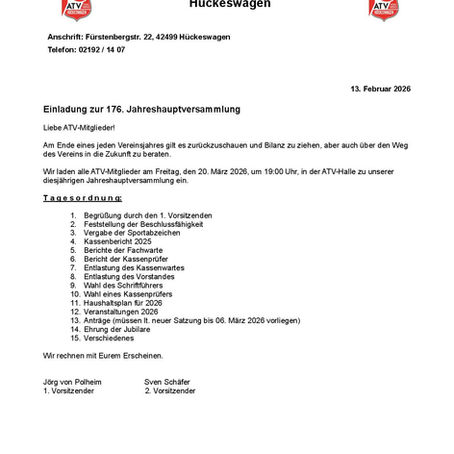 Einladung zur 176. Jahreshauptversammlung