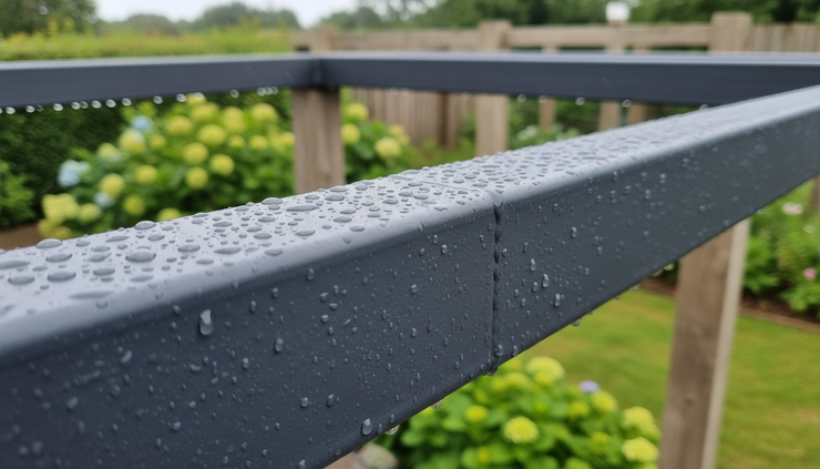 Primer plano de un perfil de acero lacado con gotas de lluvia sobre una pérgola exterior.