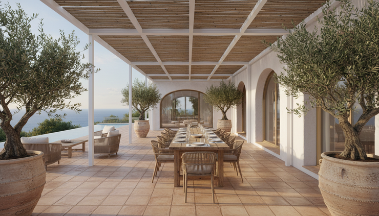 Vista gran angular de una terraza moderna con una pérgola de techo corredero abierta parcialmente.