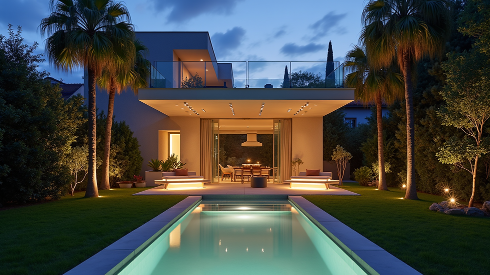 Vista frontal de pérgola con cerramientos de cristal y luces LED