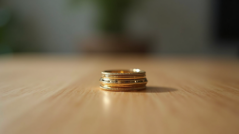 Eye-level view of minimal gold rings stacked on a wooden surface