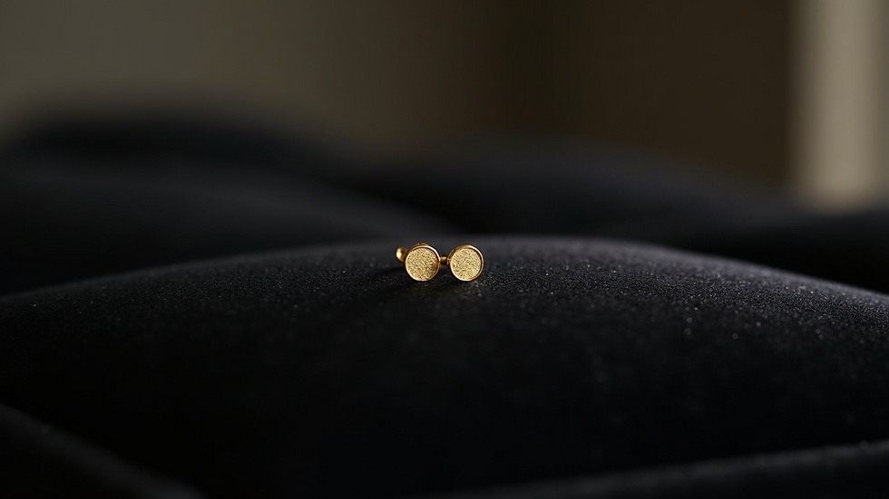 Close-up view of minimal gold stud earrings on a black velvet surface