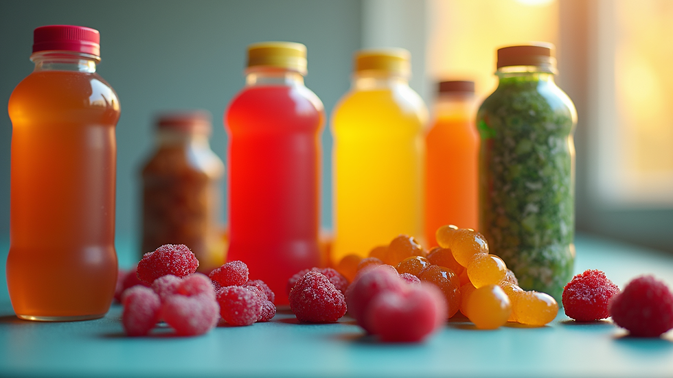 Eye-level view of a colorful assortment of energy gels and sports drinks