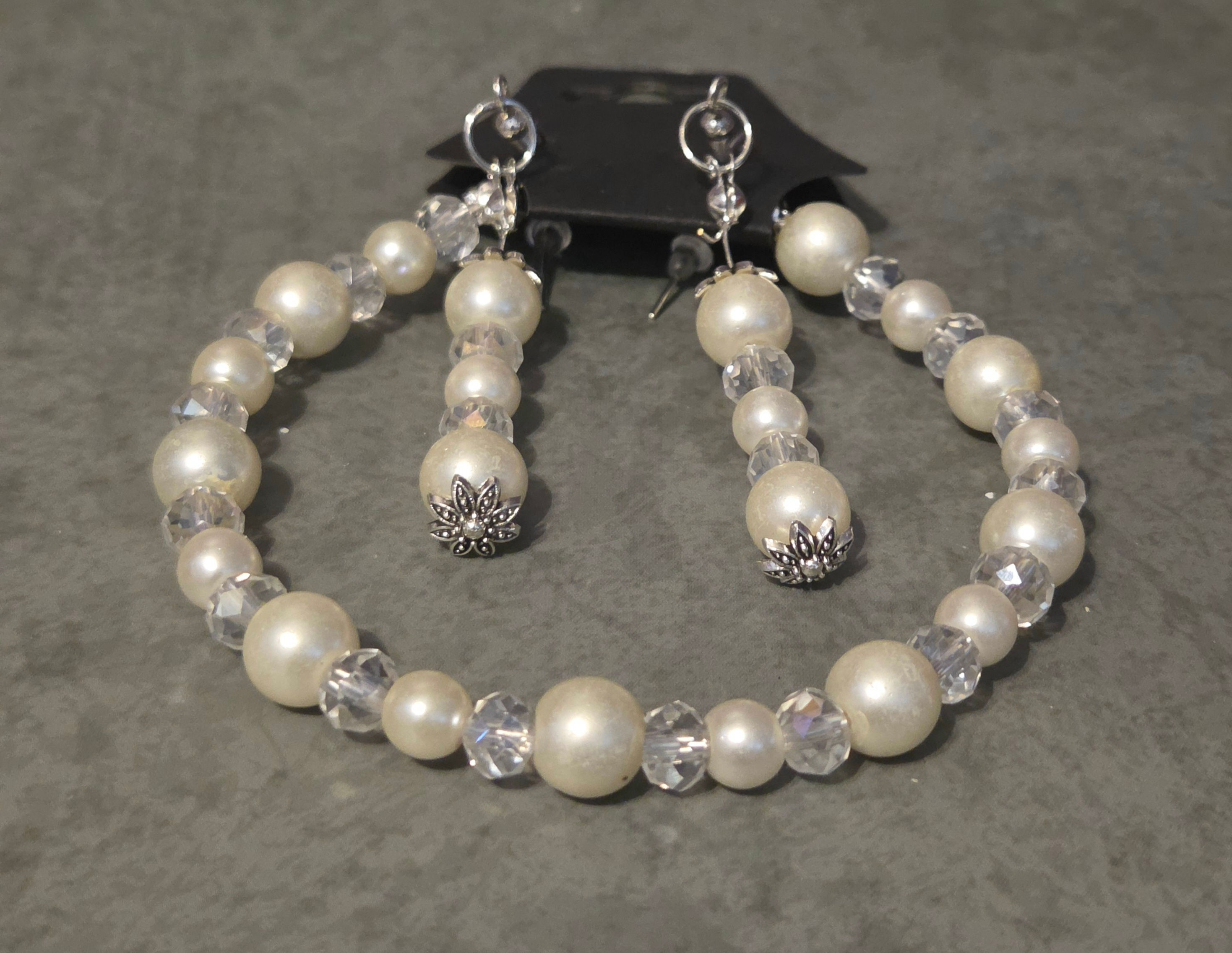 White Glass Beads Wire Bracelet with matching Earrings